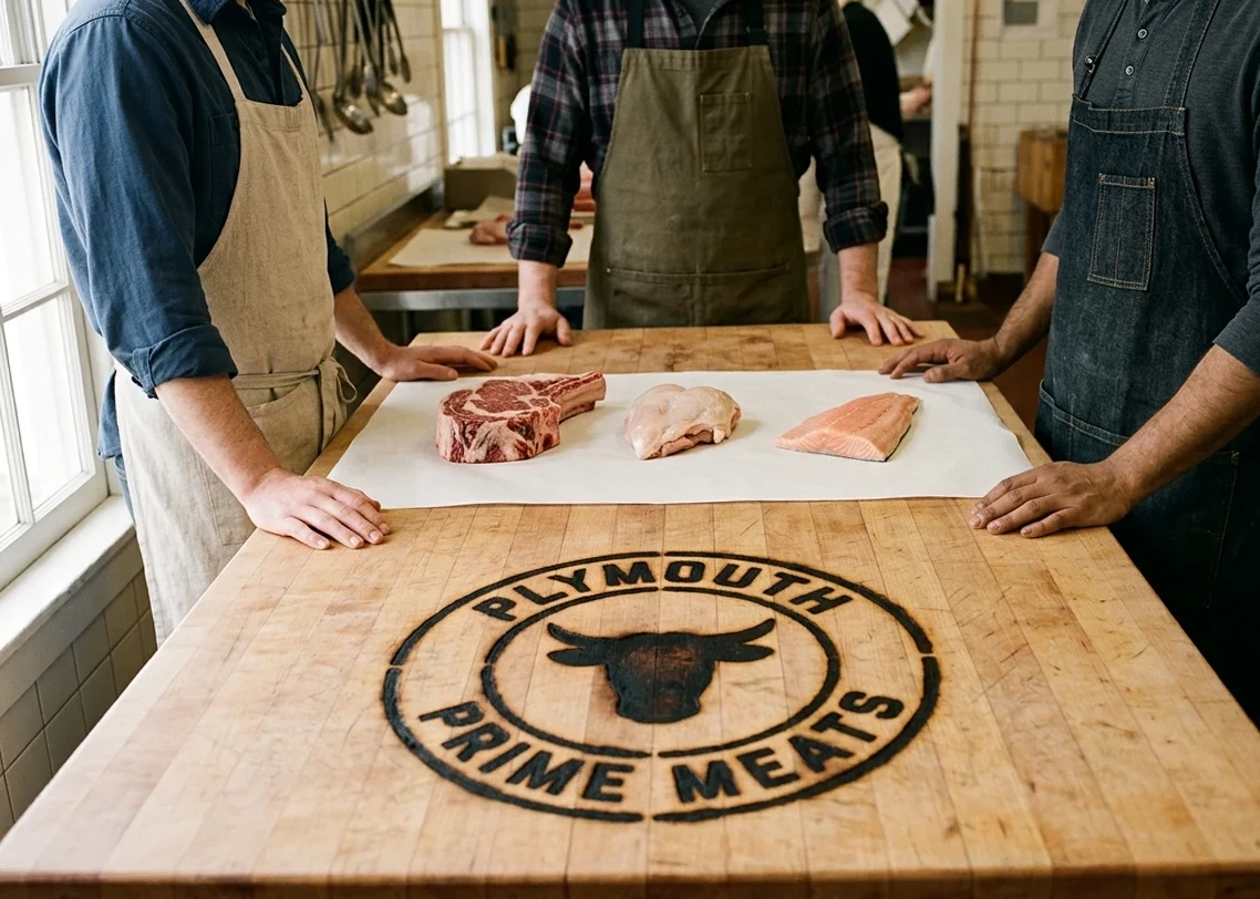Three butchers in aprons at a branded butcher block with beef and salmon