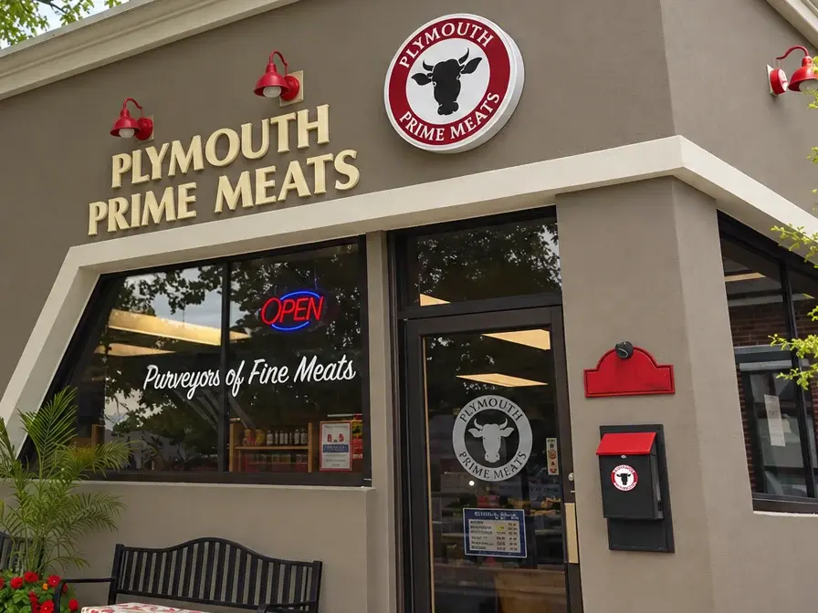 Front entrance of Plymouth Prime Meats on South Main Street with open sign