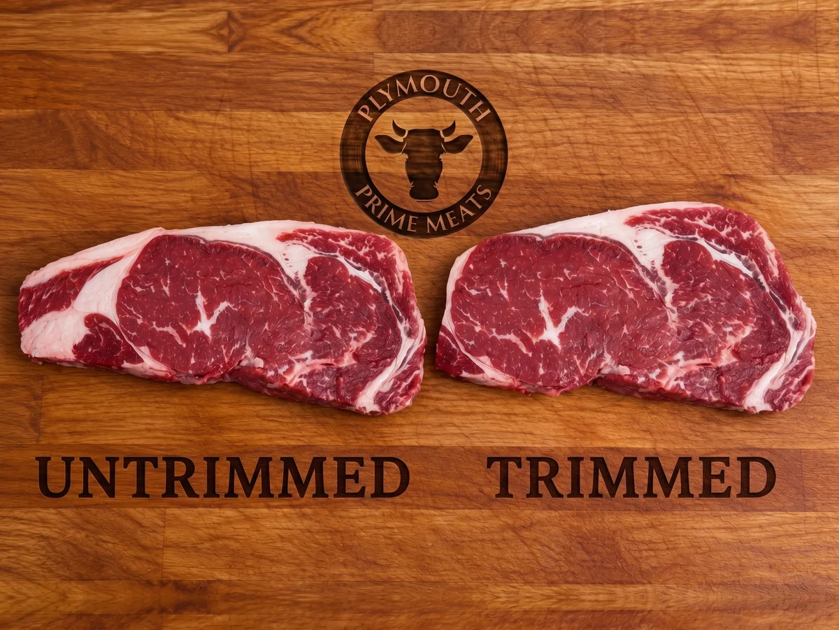Two ribeyes labeled Untrimmed and Trimmed show the fat removed by hand