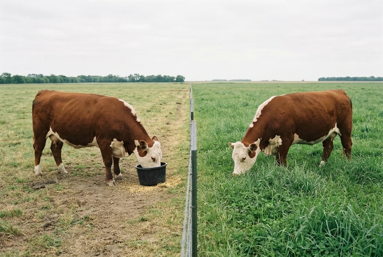 Two grass-fed beef cattle grazing on green pasture