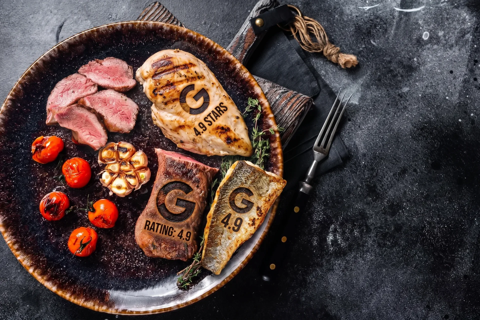 Grilled steak and chicken on a plate marked with a 4.9 star rating