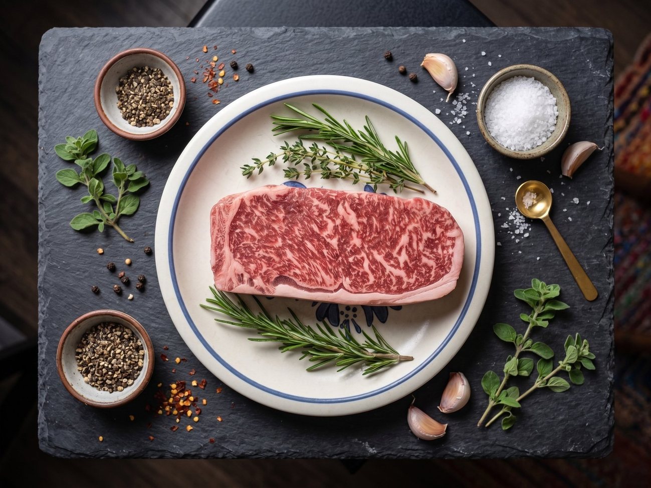 A marbled strip steak on a plate with herbs, salt and peppercorns