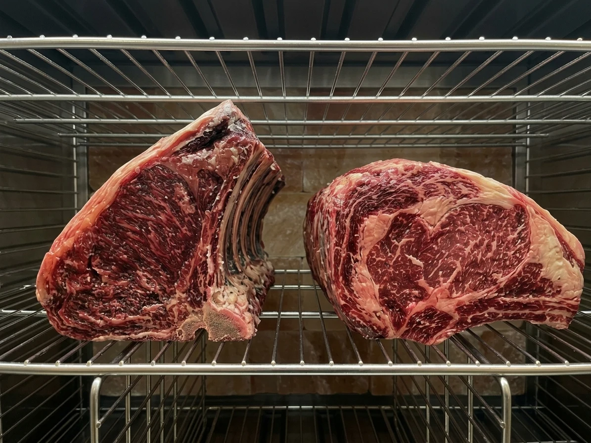 Two dry-aging bone-in beef cuts on wire racks in the aging cooler