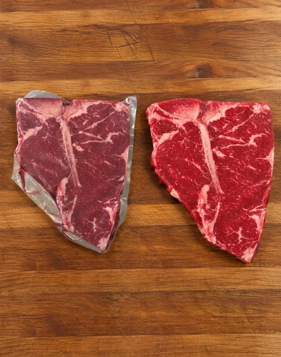 Chamber-sealed steak with a darker purple color beside a bright red fresh-cut steak