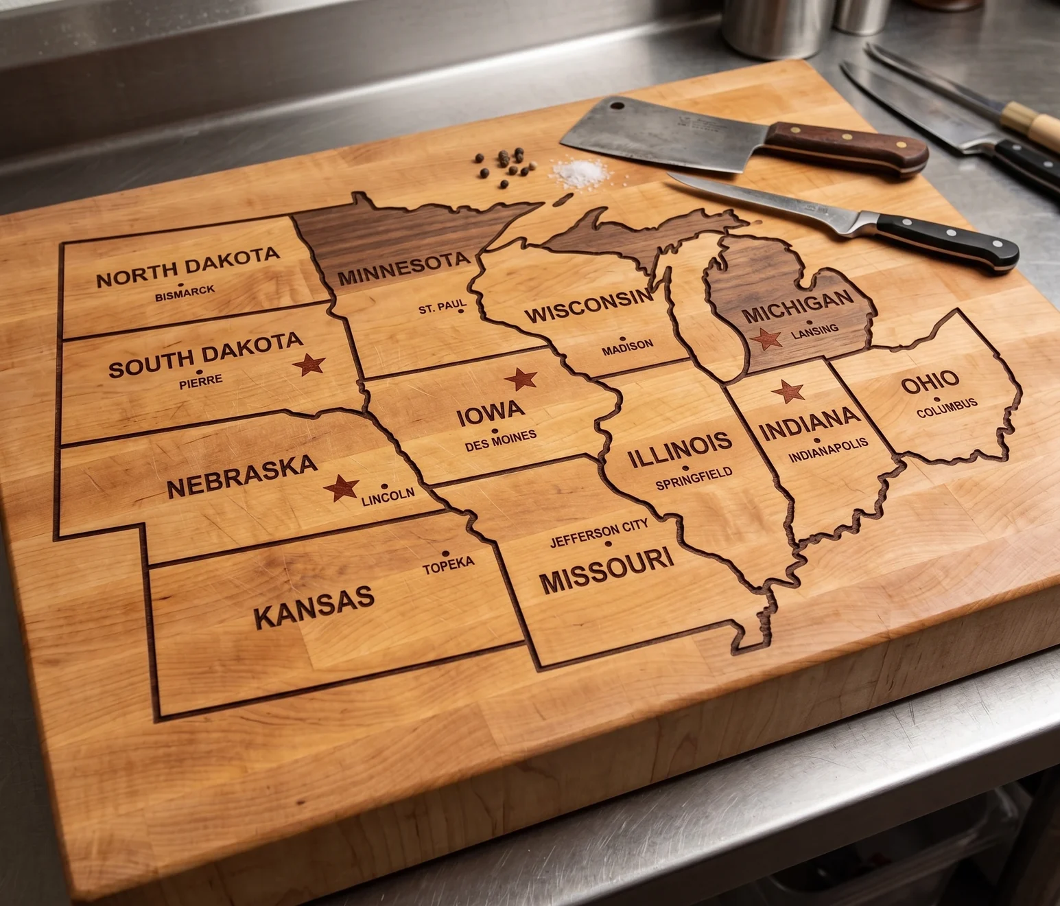 Butcher block map of Midwest states including South Dakota, Nebraska, Iowa and Michigan